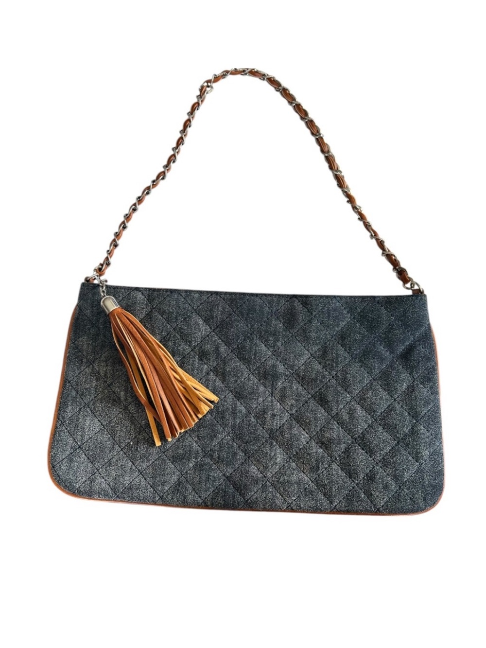Chicos Genuine Suede Quilted Tassel Chain Strap Clutch Shoulder Bag